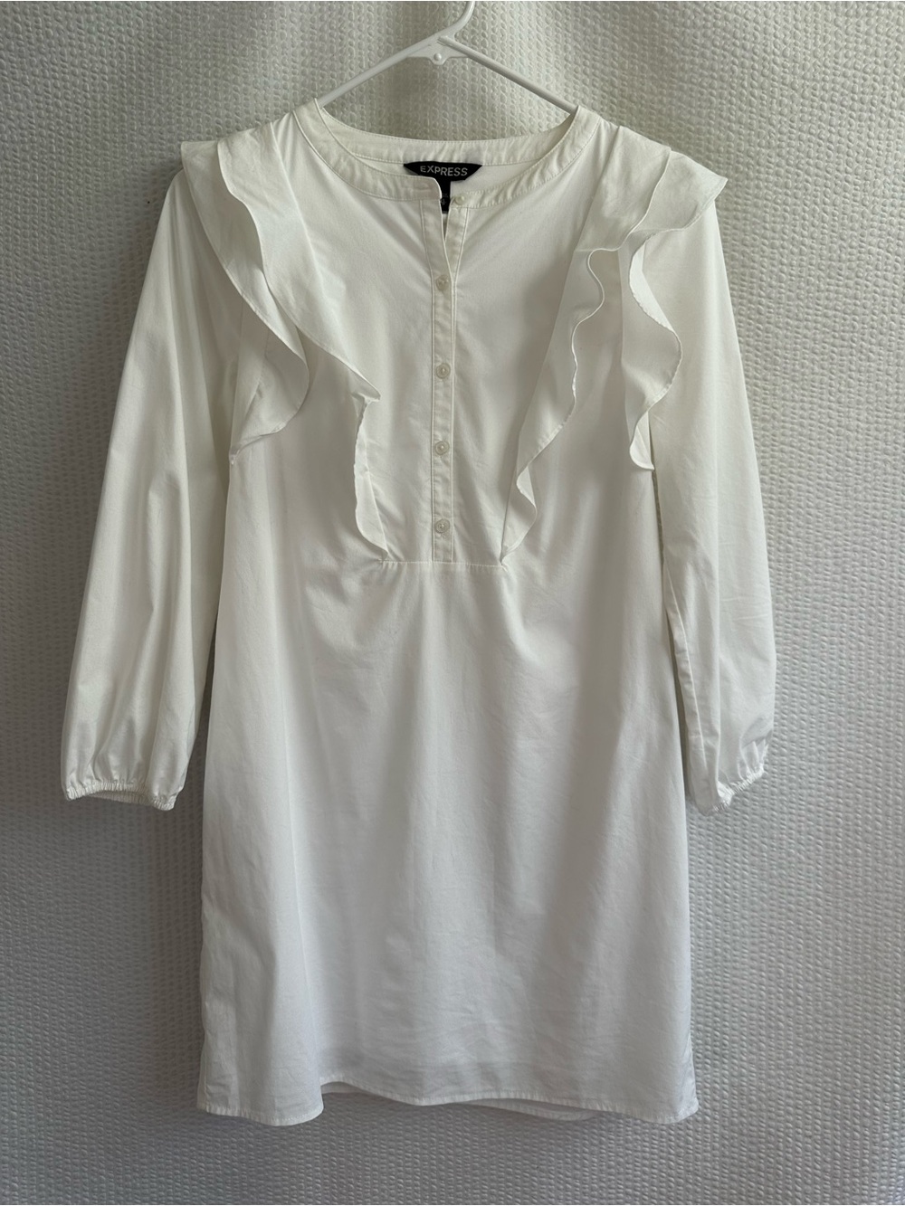 Express White Ruffle Long Sleeve Tunic Dress Button Front Stretch XS